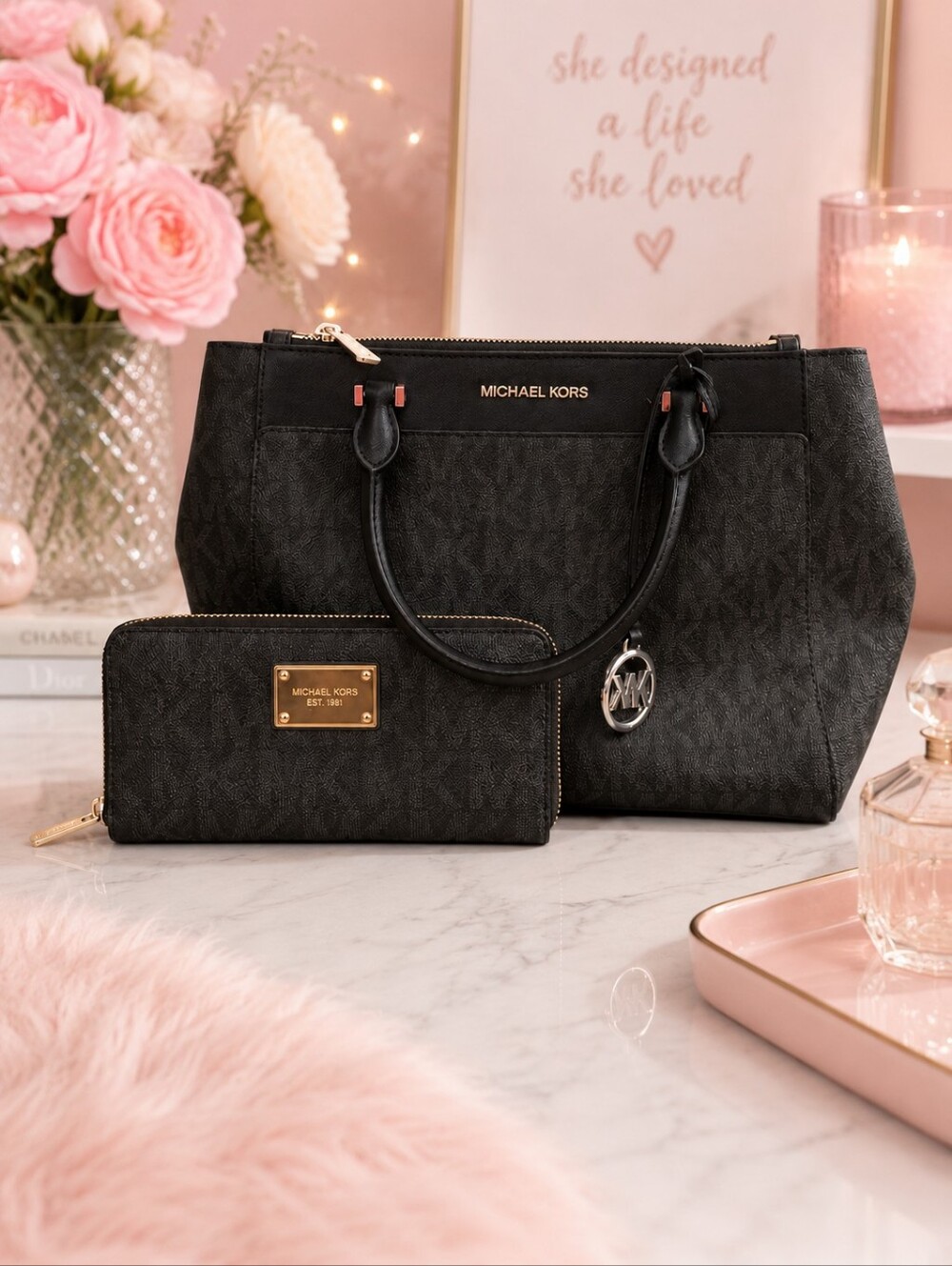 NWOT Michael Kors Black Signature Tote with Matching Wallet Set